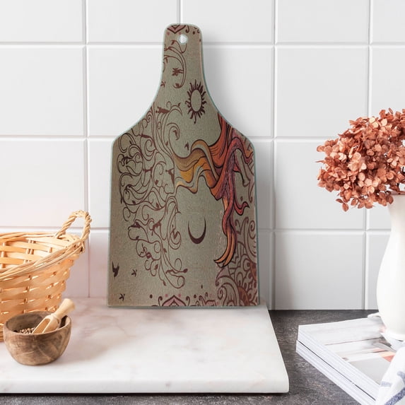 Ethnic Cutting Board, Vintage Tree of Life Sun and Moon Elf on Branches Enchanted, Decorative Tempered Glass Cutting and Serving Board, Wine Bottle Shape, Orange Mauve Taupe, by Ambesonne