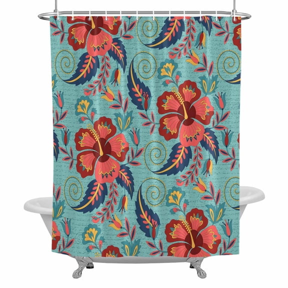 Ethnic Decoration Shower Curtain for Bathroom, Pastoral Red Cashew Flowers Waterproof Cloth Fabric Bathroom Accessories Set with 12 Rust Proof Plastic Hooks, 60"x72"