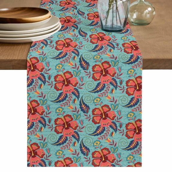 Ethnic Decoration Table Runner, Pastoral Red Cashew Flowers Cotton Linen Kitchen Table Decoration Washable Dining Tabletop Runners for Home Party Decor 13x36 Inches