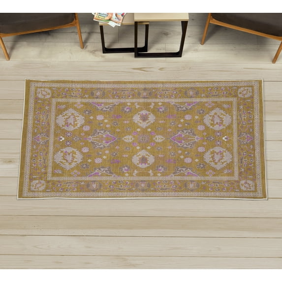 Ethnic Decorative Rug, Boho Colored Folk Floral Ornaments Botanical Composition Cultural Design, Quality Carpet for Bedroom Dorm and Living Room, 6 Sizes, Mustard Pale Fuchsia, by Ambesonne