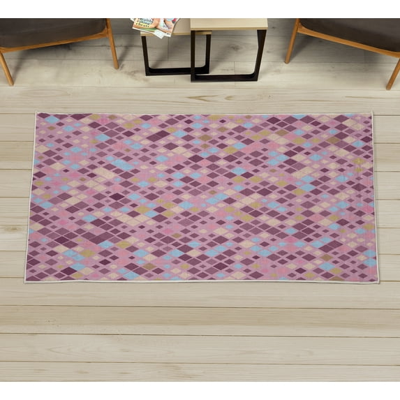 Ethnic Decorative Rug, Retro Mosaic Creative Pattern Square Rhythm Abstract Art Print Design, Quality Carpet for Bedroom Dorm and Living Room, 6 Sizes, Khaki Rose, by Ambesonne