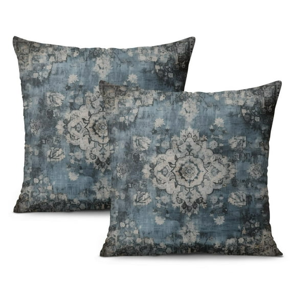 Ethnic Design Boho Decorative Linen Blue Carpet Pattern Throw Pillow Covers 18 X 18 Inch, Set Of 2, Linen Study Sofa Cushion Cover Indoor Living Room Home Decor
