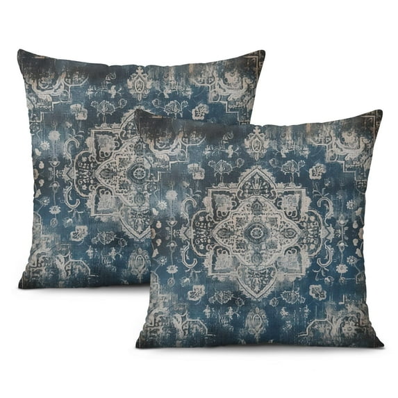 Ethnic Design Boho Decorative Linen Blue Carpet Pattern Throw Pillow Covers 18 X 18 Inch, Set Of 2, Linen Study Sofa Cushion Cover Indoor Living Room Home Decor