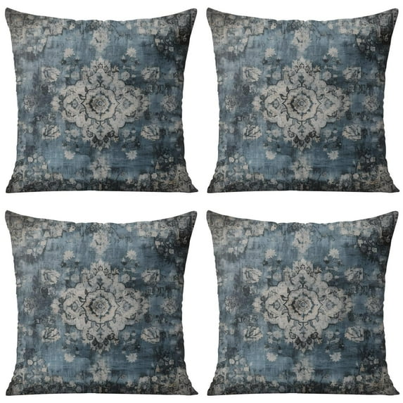 Ethnic Design Boho Decorative Linen Blue Carpet Pattern Throw Pillow Covers 18 X 18 Inch, Set Of 4, Linen Study Sofa Cushion Cover Indoor Living Room Home Decor