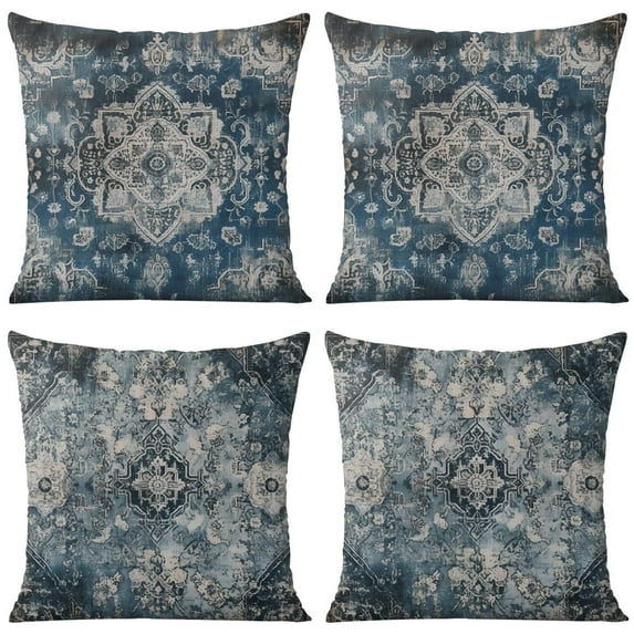Ethnic Design Boho Decorative Linen Blue Carpet Pattern Throw Pillow Covers 18 X 18 Inch, Set Of 4, Linen Study Sofa Cushion Cover Indoor Living Room Home Decor