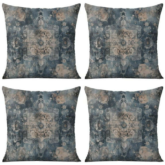 Ethnic Design Boho Decorative Linen Blue Carpet Pattern Throw Pillow Covers 18 X 18 Inch, Set Of 4, Linen Study Sofa Cushion Cover Indoor Living Room Home Decor