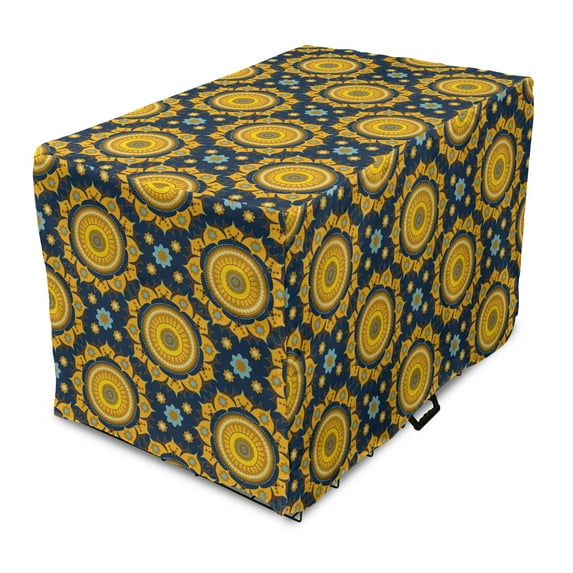 Ethnic Dog Crate Cover, Rhythmic Sun Symbol Flowers Motifs in Bicolored Illustration Print, Easy to Use Pet Kennel Cover for Dogs, 35" x 23" x 27", Marigold Dark Violet Blue, by Ambesonne