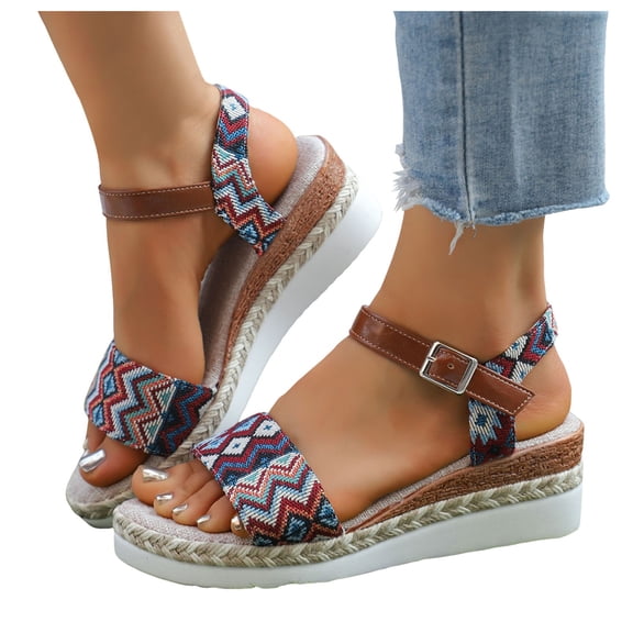 Ethnic Dressy Sandals for Women 2025 Summer Vacation Bohemian Platform Wedge Ankle Strap Dress Sandals Ladies