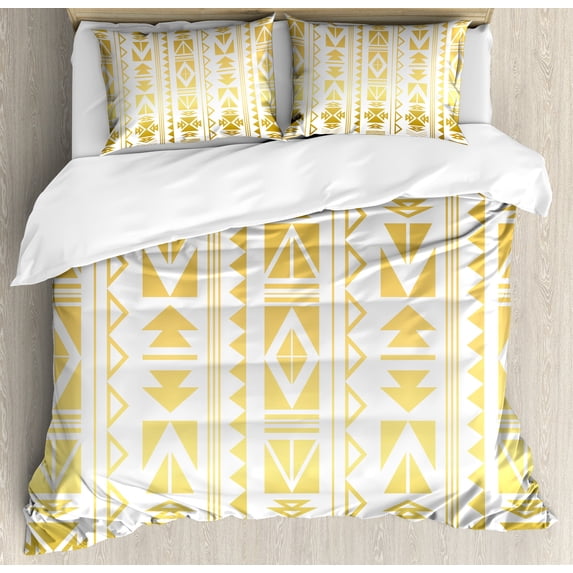 Ethnic Duvet Cover Set, Abstract Borders from Prehistoric Cultures with Ombre Effect, Decorative 3 Piece Bedding Set with 2 Pillow Shams, Queen Size, Yellow and White, by Ambesonne