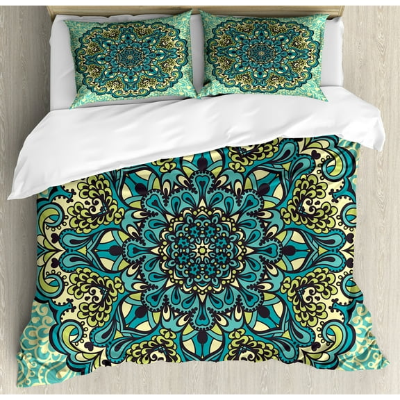 Ethnic Duvet Cover Set, Abstract Flower Arrangement Mandala Style Nature Elements Vibrant, Decorative 3 Piece Bedding Set with 2 Pillow Shams, King Size, Pale Yellow Turquoise, by Ambesonne