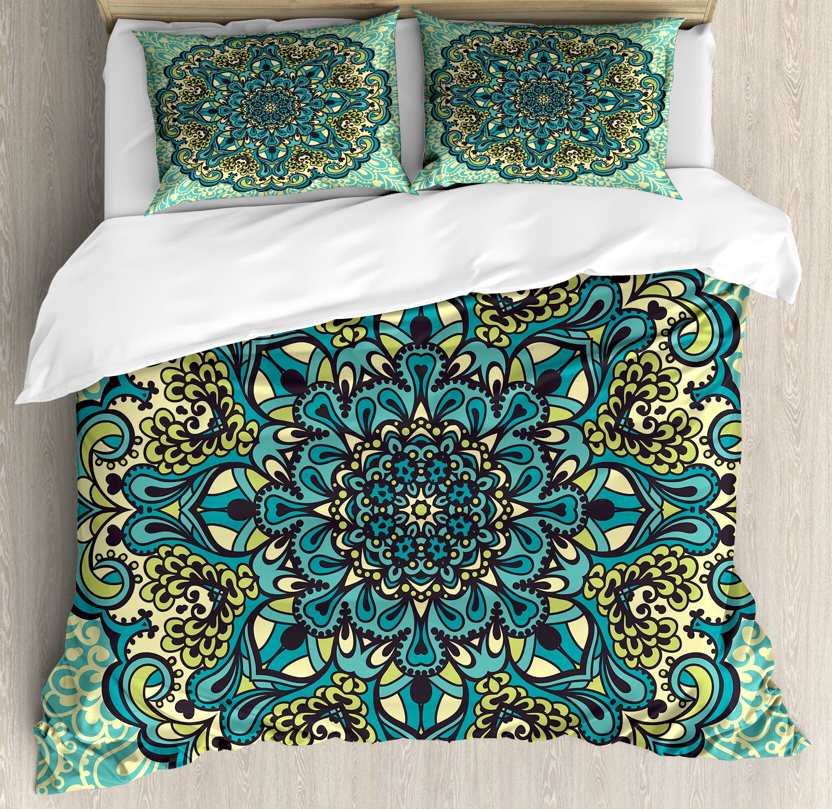 Ethnic Duvet Cover Set, Abstract Flower Arrangement Mandala Style
