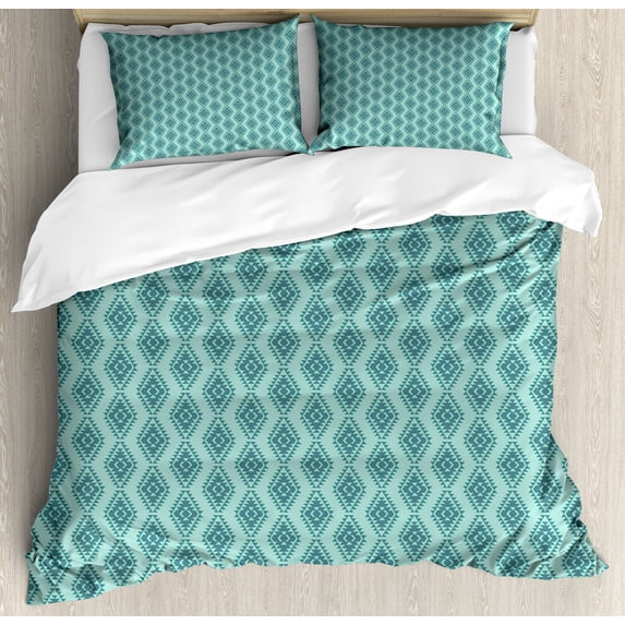 Ethnic Duvet Cover Set, Abstract Geometric Inspired Modernized Continuous Pattern, Decorative 3 Piece Bedding Set with 2 Pillow Shams, King Size, Almond Green Cadet Blue, by Ambesonne