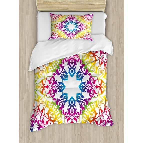 Ethnic Duvet Cover Set, Abstract Ombre Vivid Rainbow Colored Mandala Tie Dye Effect Flower Hippie Print, Decorative 2 Piece Bedding Set with 1 Pillow Shams, Twin Size, Multicolor, by Ambesonne