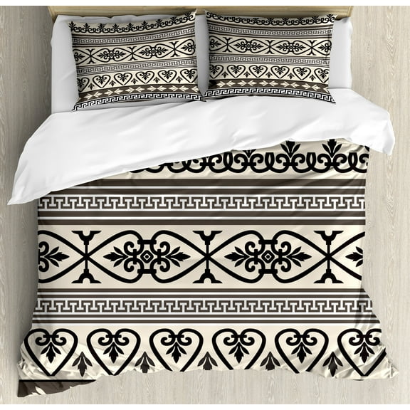 Ethnic Duvet Cover Set, Antique Leaves Hearts Borders Roman Florals Ivy Theme Art Image, Decorative 3 Piece Bedding Set with 2 Pillow Shams, Queen Size, Taupe Black Tan, by Ambesonne