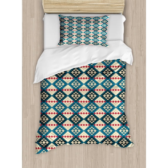 Ethnic Duvet Cover Set, Braided Carpet Inspired View Mosaic Art Design Print, Decorative 2 Piece Bedding Set with 1 Pillow Shams, Twin Size, Cream Coral Blue, by Ambesonne