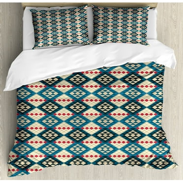 Ethnic Duvet Cover Set, Braided Carpet Inspired View Mosaic Art Design Print, Decorative 3 Piece Bedding Set with 2 Pillow Shams, Calking Size, Cream Coral Blue, by Ambesonne