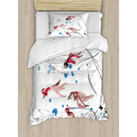 Ethnic Duvet Cover Set, Chinese Traditional Ink Painting Koi Fish Art, Decorative 2 Piece Bedding Set with 1 Pillow Shams, Twin Size, Red and Blue, by Ambesonne