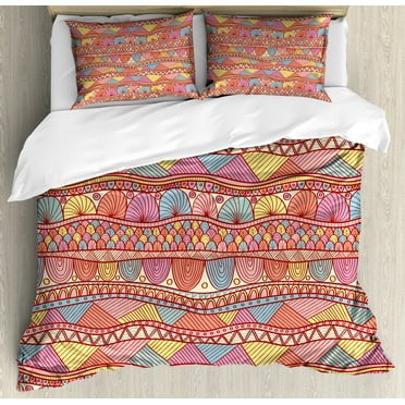 Ethnic Duvet Cover Set, Colorful Pattern Swirls Striped Abstract Hand Drawn Art, Decorative 3 Piece Bedding Set with 2 Pillow Shams, Calking Size, Multicolor, by Ambesonne