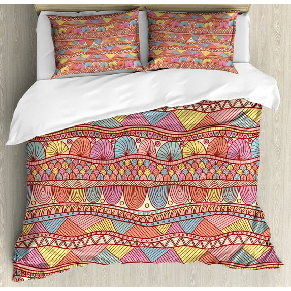 Ethnic Duvet Cover Set, Colorful Pattern Swirls Striped Abstract Hand Drawn Art, Decorative 3 Piece Bedding Set with 2 Pillow Shams, King Size, Multicolor, by Ambesonne