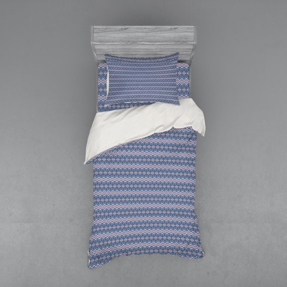 Ethnic Duvet Cover Set, Colorful Pattern Triangles Chevron Lilac Tones, Bedding Set with Shams and Fitted Sheet, 3 Sizes, by Ambesonne