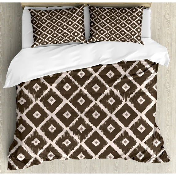Ethnic Duvet Cover Set, Diamond Rhombus Shaped Abstract Folkloric Historical Culture, Decorative 3 Piece Bedding Set with 2 Pillow Shams, King Size, Dark Brown Cream, by Ambesonne