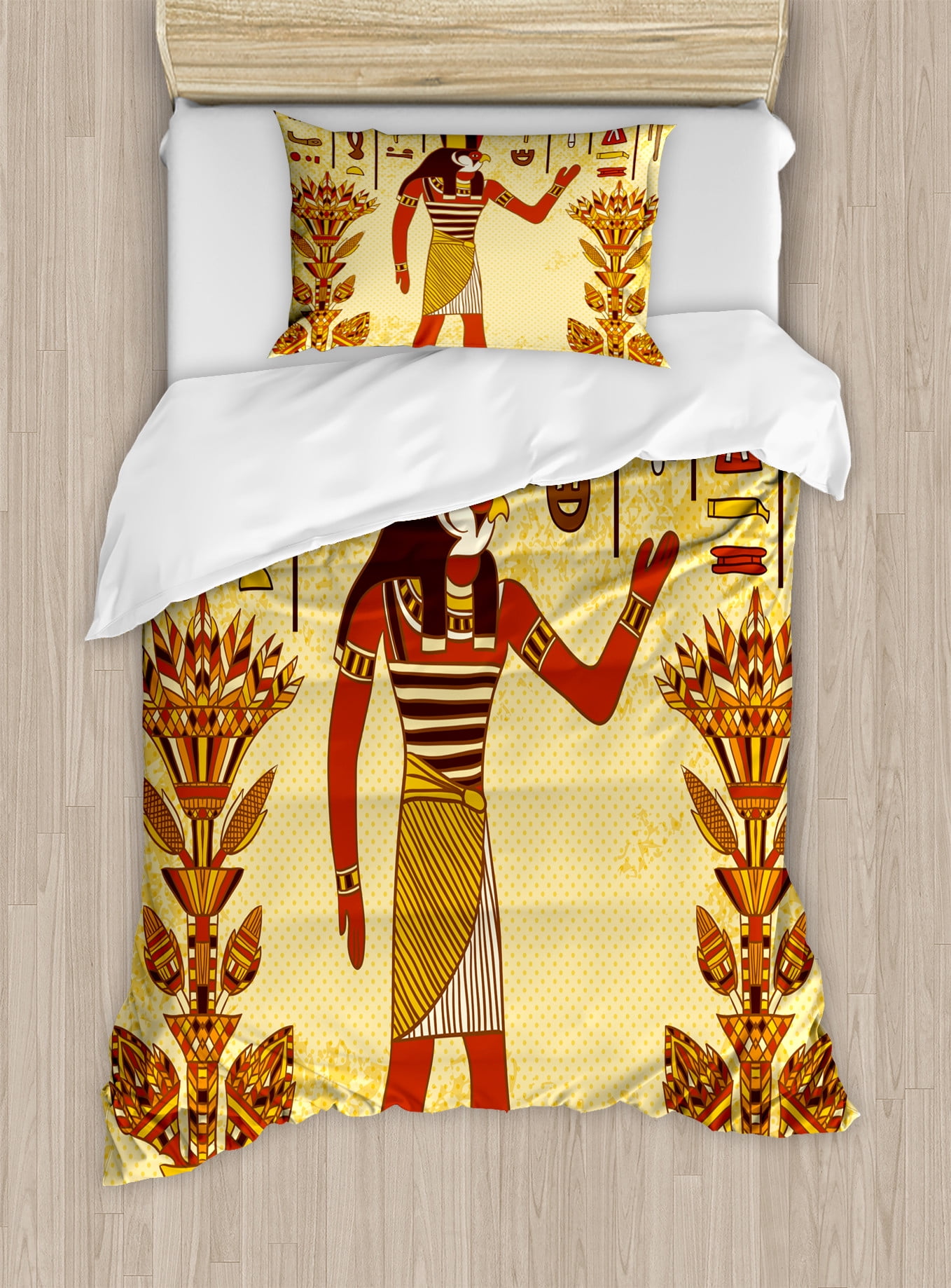 Twin Pale Yellow Marigold Red Egyptian Duvet Cover Set