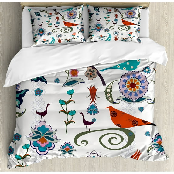 Ethnic Duvet Cover Set, Floral Swirls Buds Birds Leaves Bohemian Inspired Colorful Cultural Image, Decorative 3 Piece Bedding Set with 2 Pillow Shams, Calking Size, White and Multicolor, by Ambesonne