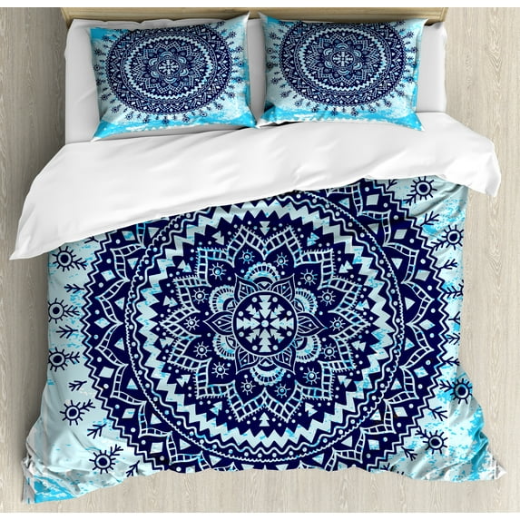 Ethnic Duvet Cover Set, Folkloric Theme Medallion Motif on Blue Tone Grunge Background, Decorative 3 Piece Bedding Set with 2 Pillow Shams, Calking Size, Blue Dark Blue, by Ambesonne