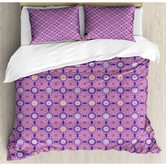 Ethnic Duvet Cover Set, Illustration of Oriental Traditional Flourishing Feminine Tones, Decorative 3 Piece Bedding Set with 2 Pillow Shams, Queen Size, Indigo and Multicolor, by Ambesonne