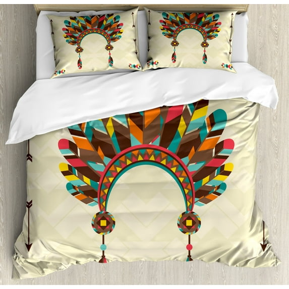 Ethnic Duvet Cover Set King Size, Retro Headband in Tribal Design Colorful Feathers Arrows and Geometrical Motifs, Decorative 3 Piece Bedding Set with 2 Pillow Shams, Multicolor, by Ambesonne