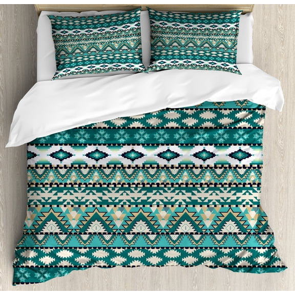 Ethnic Duvet Cover Set King Size, Tribal Aztec Design Geometrical Elements Triages Squares Primitive Pixel Art, Decorative 3 Piece Bedding Set with 2 Pillow Shams, Teal Turquoise Tan, by Ambesonne