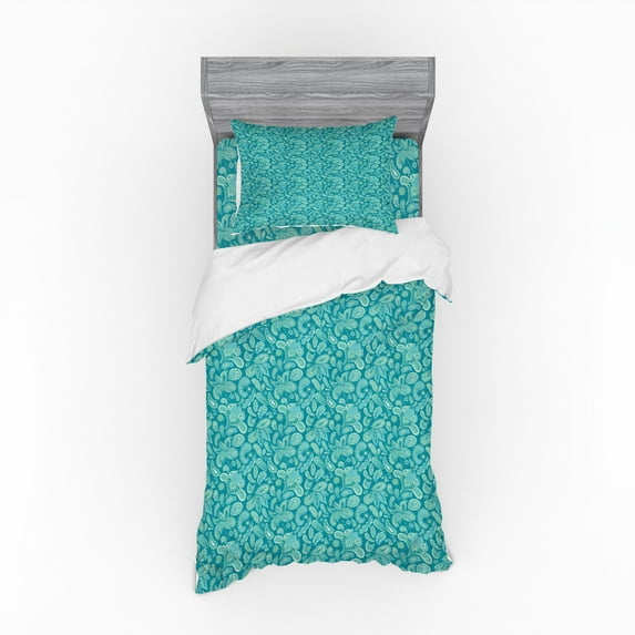 Ethnic Duvet Cover Set, Leaves Vintage Pastel Paisley Old Fashioned Historical Motifs in Blue Shades, Bedding Set with Shams and Fitted Sheet, 3 Sizes, by Ambesonne