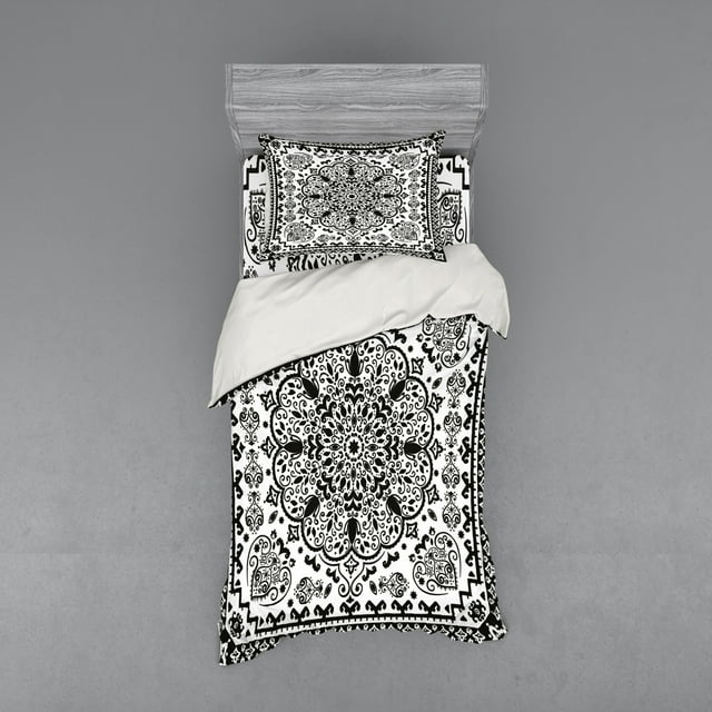 Ethnic Duvet Cover Set, Mandala Floral Lace Paisley Mehndi Design Lace Image Art, Bedding Set with Shams and Fitted Sheet, 3 Sizes, by Ambesonne