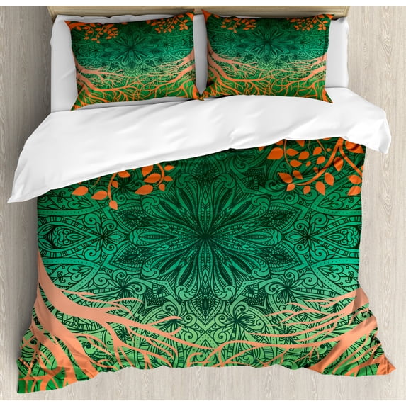 Ethnic Duvet Cover Set, Mandala Form Universe Cultural Pattern Surrounded by Branches Design, Decorative 3 Piece Bedding Set with 2 Pillow Shams, Queen Size, Orange Green, by Ambesonne