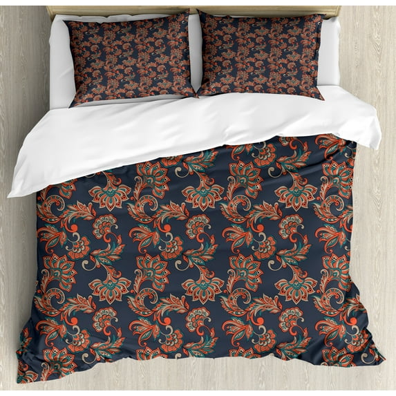 Ethnic Duvet Cover Set, Oriental Image with Floral Swirls and Leaves Art Image, Decorative 3 Piece Bedding Set with 2 Pillow Shams, King Size, Dark Blue Grey Vermilion, by Ambesonne