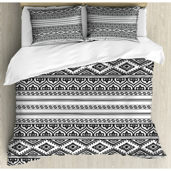 Ethnic Duvet Cover Set, Oriental Moroccan Round Style Lines Dots Geometric Shapes Art, Decorative 3 Piece Bedding Set with 2 Pillow Shams, Queen Size, Charcoal Grey White, by Ambesonne