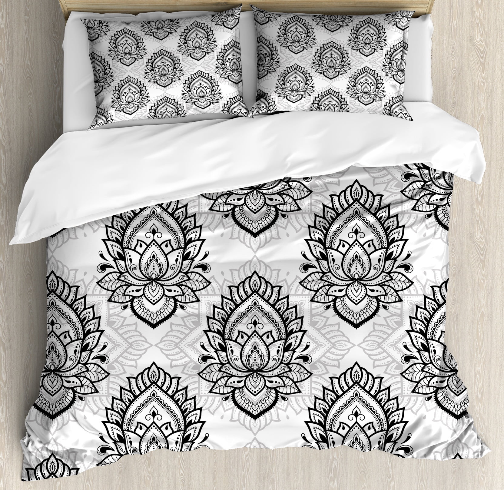 Ethnic Duvet Cover Set, Ethnic Oriental Style Depiction of Lotus Flower