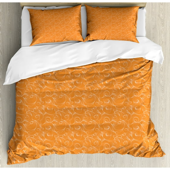 Ethnic Duvet Cover Set, Oriental Swirly Scrolling Middle Eastern Spiralling Geometric Abstract, Decorative 3 Piece Bedding Set with 2 Pillow Shams, Calking Size, Dark Orange and White, by Ambesonne