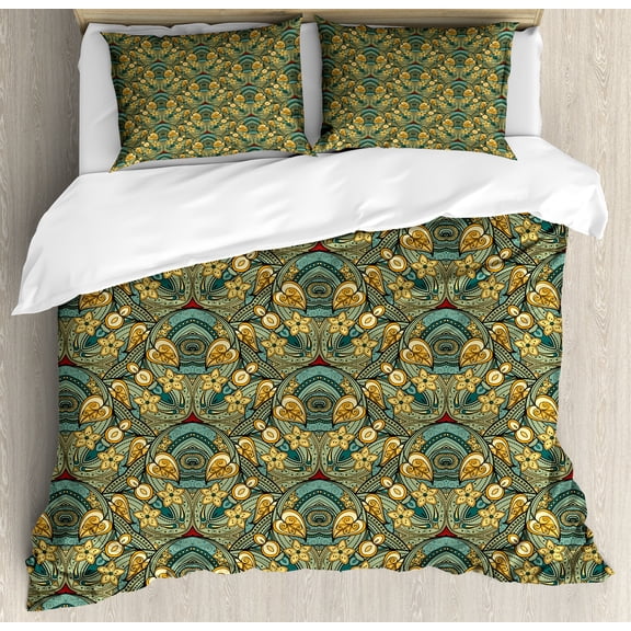 Ethnic Duvet Cover Set, Ornamental Illustration of Hand Drawn Like Oriental Mandala Vintage Layout, Decorative 3 Piece Bedding Set with 2 Pillow Shams, King Size, Laurel Green Mustard, by Ambesonne