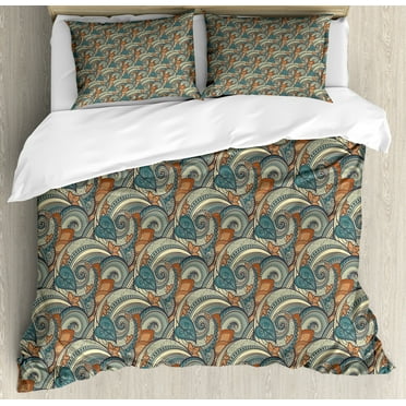 Ethnic Duvet Cover Set, Pattern in Contrast Vivid Tones Image, Decorative 3 Piece Bedding Set with 2 Pillow Shams, Calking Size, Avocado Green, by Ambesonne