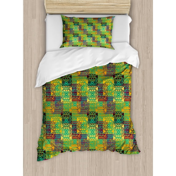 Ethnic Duvet Cover Set, Pattern with Geometric Colorful Trippy Forms Folk Native Image, Decorative 2 Piece Bedding Set with 1 Pillow Shams, Twin Size, Multicolor, by Ambesonne