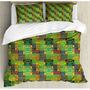 Ethnic Duvet Cover Set, Pattern with Geometric Colorful Trippy Forms Folk Native Image, Decorative 3 Piece Bedding Set with 2 Pillow Shams, Calking Size, Multicolor, by Ambesonne