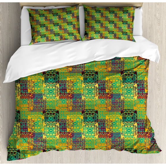 Ethnic Duvet Cover Set, Pattern with Geometric Colorful Trippy Forms Folk Native Image, Decorative 3 Piece Bedding Set with 2 Pillow Shams, King Size, Multicolor, by Ambesonne