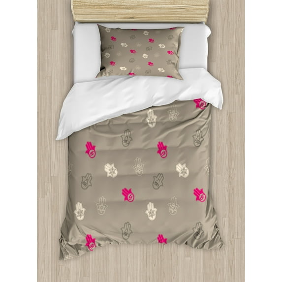 Ethnic Duvet Cover Set, Pattern of Hamsa Kabbalah Traditional Symbolic Elements, Decorative 2 Piece Bedding Set with 1 Pillow Shams, Twin Size, Dark Tan Champagne, by Ambesonne