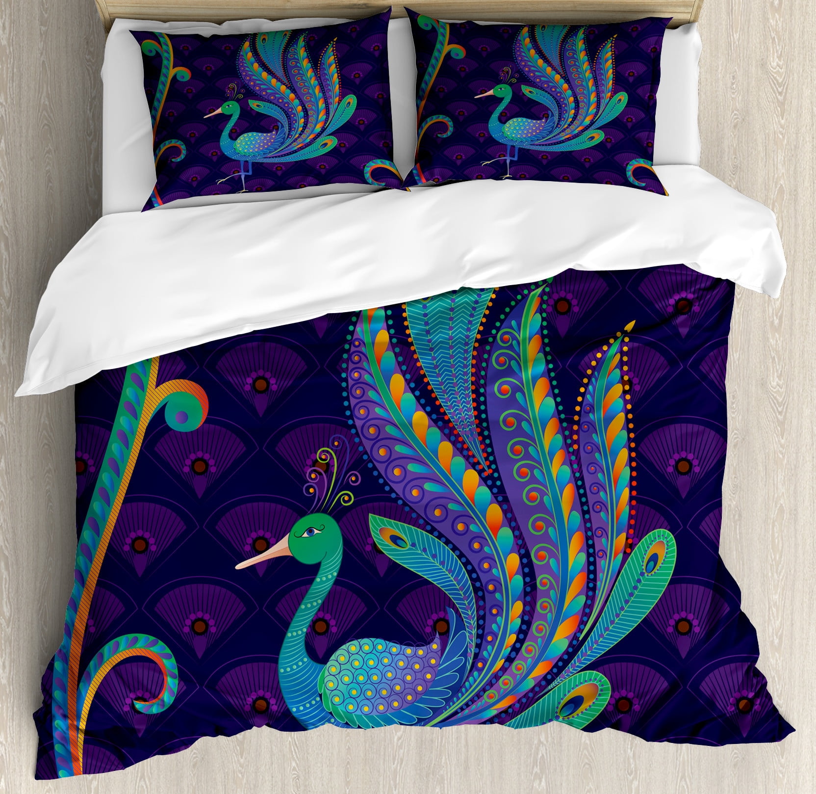 Queen Size Purple Green Blue Peacock Duvet Cover Set