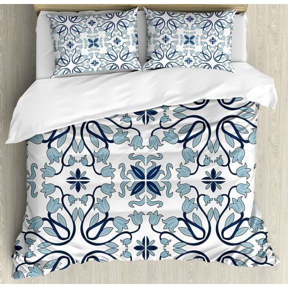Ethnic Duvet Cover Set Queen Size, Medieval Persian Palace Flower Leaf Shapes Arabian Inspired Motifs Artwork Print, Decorative 3 Piece Bedding Set with 2 Pillow Shams, Pale Blue, by Ambesonne