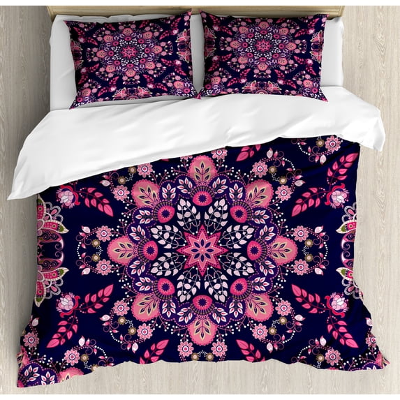 Ethnic Duvet Cover Set, Spring Nature Blossoms Abstract Traditional Style Exotic Fantasy, Decorative 3 Piece Bedding Set with 2 Pillow Shams, Queen Size, Indigo Pink Pale Pink, by Ambesonne