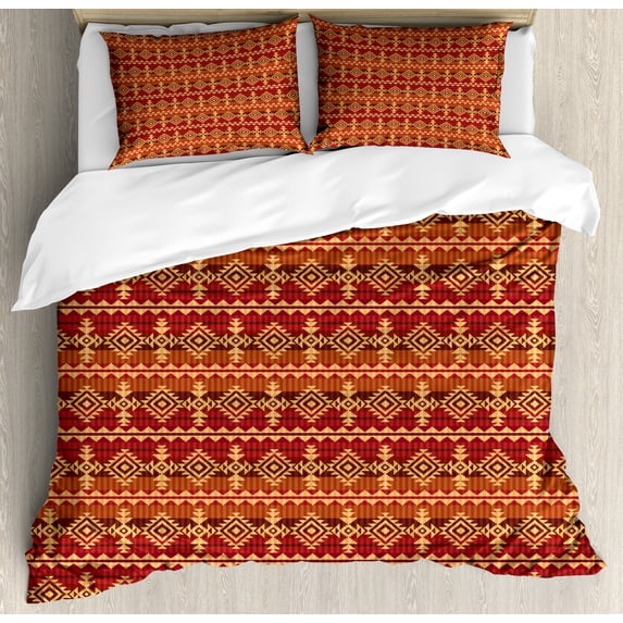 Ethnic Duvet Cover Set, Style Cultural Seamless Pattern Triangles Tribal, Decorative 3 Piece Bedding Set with 2 Pillow Shams, Queen Size, Ginger and Orange, by Ambesonne