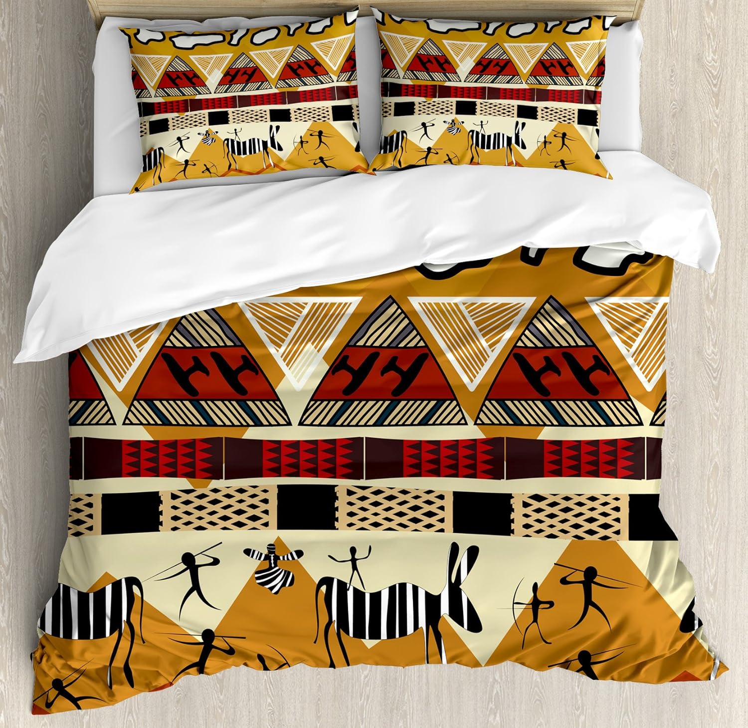 Ethnic Duvet Cover Set, Style Hunting Zebra Illustration Prehistoric