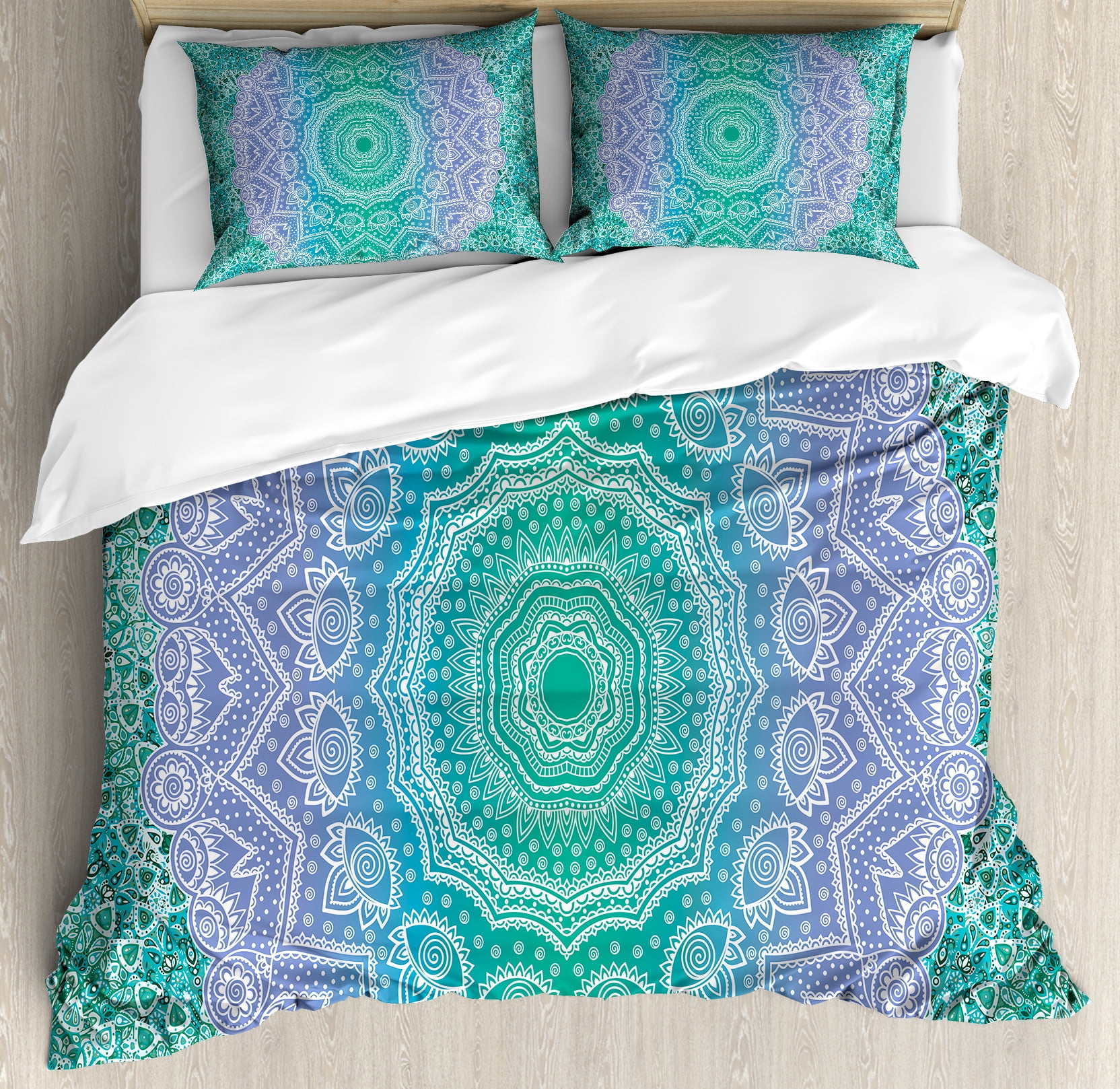 Ethnic Duvet Cover Set, Traditional Oriental Mandala Yantra Geometry